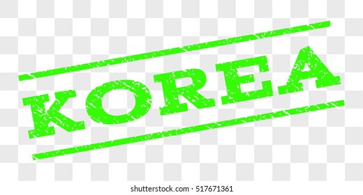 Korea watermark stamp. Text caption between parallel lines with grunge design style. Rubber seal stamp with unclean texture. Vector light green color ink imprint on a chess transparent background.