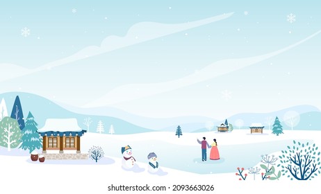 Korea Winter landscape background vector illustration. Lover in Korean hanbok costume with a traditional village background.