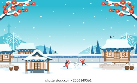 Korea Winter landscape background vector illustration. Children playing in the snow at traditional Korean village.