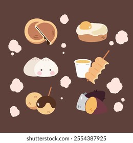 korea winter snacks icon (goguma, fish cake, hotteok)