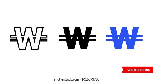 Korea won icon of 3 types: color, black and white, outline. Isolated vector sign symbol.
