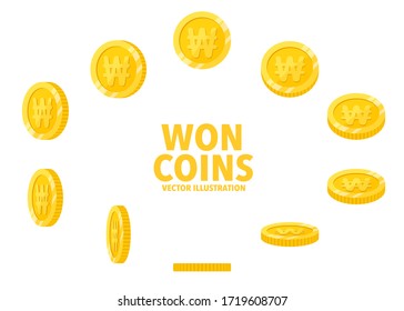 Korea Won sign gold coin isolated on white background, set of flat icon of coin with symbol at different angles.