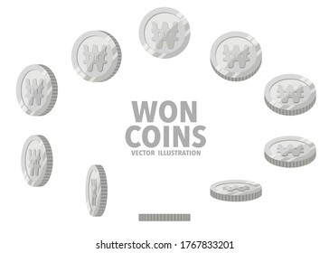 Korea Won sign silver coins isolated on white background. Set of flat icon design of spin coins with symbol at different angles.