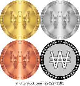 Korea Won South, North (KRW) Currency Sign Symbol Circular Round Coin Digital Cryptocurrency Gold, Silver, Copper, Black-White Silhouette Logo Icon Isolated on White Background