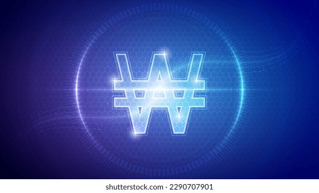 Korea Won South, North (KRW) Sign Symbol Futuristic Hologram Neon Glow Cybernetic Digital Circuit Currency Cryptocurrency Exchange Trading Backdrop Background Design Vector