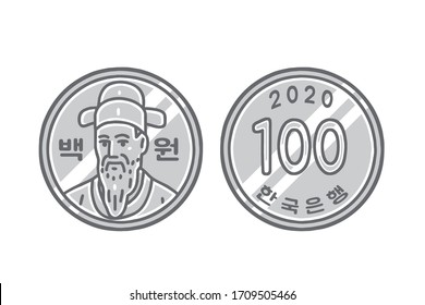 Korean 100 Won Coin. Front and back. Vector illustrations set. The letters written on the coins mean 100 won and the Bank of Korea.