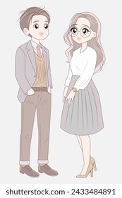 Korean adult couple full length standing. Adult asian man and woman cartoon character. Young people casual lifestyle. Japanese parents fashion. Korean family members. Office style. Anime style person.