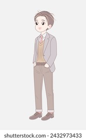 Korean adult man full length standing. Adult asian male cartoon character. Young people casual lifestyle. Japanese father fashion. Korean family male member. Office worker style. Anime style person.