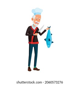 un hombre de edad corea cocina cocinero sosteniendo cuchillo y pescado en un vector de dibujos animados de cocina. un anciano coreano cocina un cocinero con un cuchillo y un pescado con carácter de cocina. ilustración de dibujos animados planos aislados