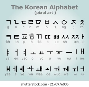 korean alphabet in 8 bit pixel art. Modern stylish fonts or letters types for titles or titles such as posters, layout design, games, websites or print.