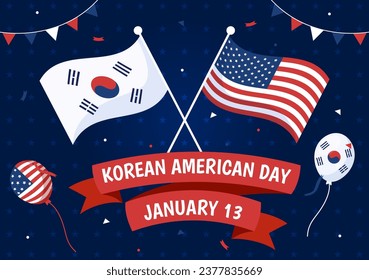 Korean American Day Vector Illustration on January 13 with USA and South Korean Flag to Commemorate Republic Of Alliance in Flat Background Design