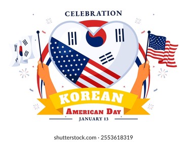 Korean American Day Vector Illustration on January 13 featuring the USA and South Korean Flags to Celebrate the Republic of Alliance in a Background