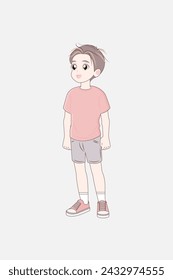 Korean anime style boy full length standing. Asian child cartoon character. Children casual lifestyle. Japanese preschool kid fashion. Korean family member. Social role: elementary pupil, schoolboy.