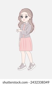 Korean anime style girl full length standing. Asian teenage cartoon character. Young people casual lifestyle. Japanese youth fashion. Korean family female member. Social role: pupil, student.