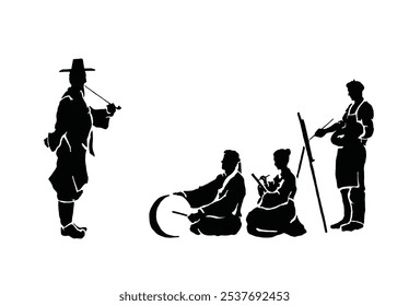 Coreano, asiático, tradicional, silueta, artes, música, tambor, diario, pintor, pipa de la paz, atuendo, Imagen negativa, blanco y negro, caballete, escuela, aprendizaje, cultural, Buk, hanbok, poong mool, Vector