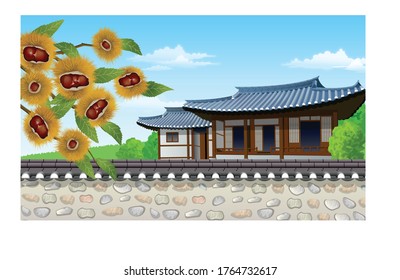 Korean Autumn Landscape Hanok Illustration Background