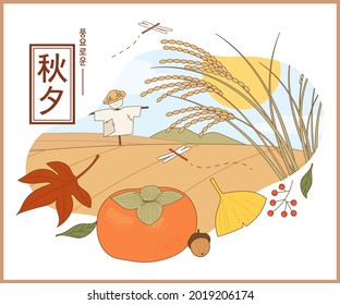 Korean autumn Thanksgiving rice paddy landscape. And autumn nature elements. (Korean translation: a bountiful Thanksgiving, Chinese translation: Thanksgiving.)