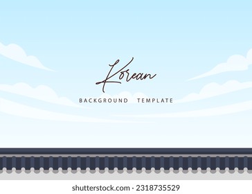 Korean background template, with hanok (korean traditional house) roof and blue sky