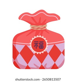 Korean bag of gift, cute lucky present pocket for holidays. Asian traditional gift wrap, red fabric pouch with diamond pattern, round wish label and rope for tying cartoon vector illustration