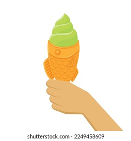 Korean bangeo-ppang taiyaki pastry with ice cream in flat detailed style. Isolated vector asian food dessert illustration
