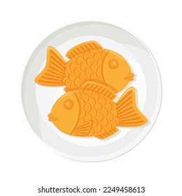 Korean bangeo-ppang taiyaki pastry on plate in flat detailed style. Isolated vector asian food dessert illustration