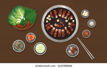 Korean BBQ vector illustration. Korean cuisine. Grilled pork belly.