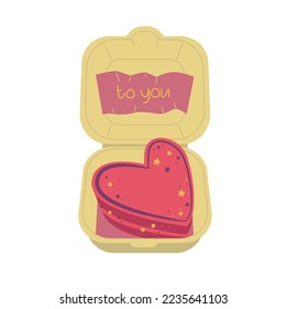 Korean Bento mini  box cake . Small heart-shaped dessert, cute, romantic, tasty holiday present. Individual sweet  gift with personal message. Editable vector illustration on a white background