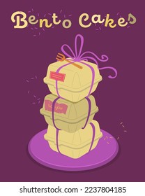 Torta de mini caja coreana de Bento. Pequeño postre. Agradable, romántico y delicioso regalo de vacaciones. Regalo dulce individual. Afiche vertical. Colección de pasteles. Ilustración vectorial editable en un fondo violeta