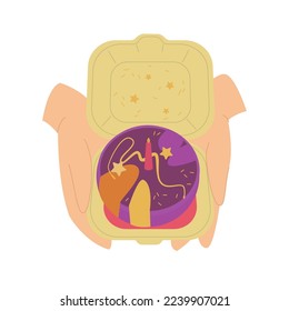 Bento coreano mini pastel. Pequeño postre con una vela, lindo, romántico, delicioso regalo de vacaciones. Regalo dulce individual en las manos. Ilustración vectorial editable en un fondo blanco