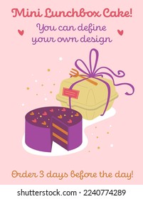 Korean Bento mini box cake. Small dessert. Cute, romantic, tasty holiday present. Individual sweet  gift. Vertical poster. Cakes collection. Editable vector illustration on a pink background