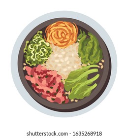 Korean Bibimbap Dish Layout Top View Vector Illustration