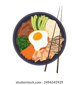 Korean bibimbap vector illustration. Delicious traditional asian rice dish with vegetables, meat and egg on top served in bowl with chopsticks isolated on white background. Popular South Korean meal