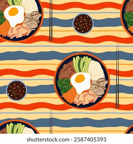 Korean bibimbap vector seamless pattern illustration. Delicious traditional asian rice dish with vegetables, bulgogi meat and egg on top in bowl with chopsticks on colorful wavy striped background