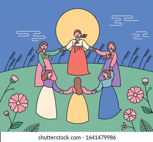 Korean big full moon traditional play. Women wearing traditional Korean costumes are spinning around holding hands. flat design style minimal vector illustration.