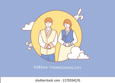 Korean big holiday Thanks giving greeting card. man and woman are wearing traditional dress. hand drawn style vector design illustrations.