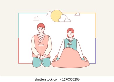 Korean big holiday Thanks giving greeting card. Men and women are wearing traditional costumes and making Korean traditional greetings.  hand drawn style vector design illustrations.