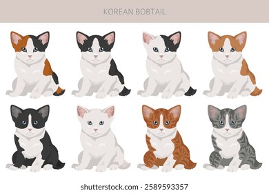 Korean Bobtail Cat clipart. All coat colors set.  All cat breeds characteristics infographic. Vector illustration