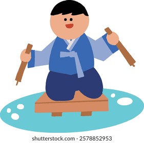 Korean Boy Character Illustrating with Traditional Korean Sledding