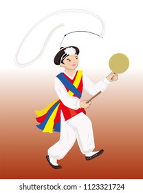 Korean boy dancing korean folk dance with tambourine. Young dancer drawn in vector.