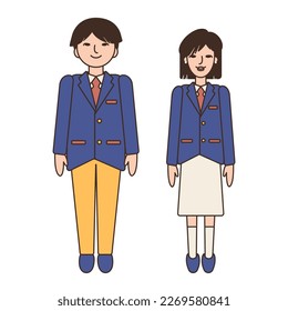 Korean boy and girl students full length standing. Happy Asian children school age in uniform cloth. Joyful adolescence boyhood. Daughter, sister, son, brother, granddaughter, grandson, niece, nephew.