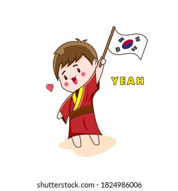 Korean boy with Hanbok holding flag. Vector illustration of cute chibi character isolated on white background. 