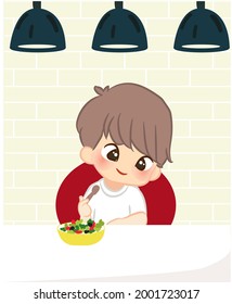 Korean boy happy eating organic vegetables or bibimbap in restaurant. Vegetarian. The concept of proper nutrition and healthy lifestyle. Vector illustration in kawaii cartoon style