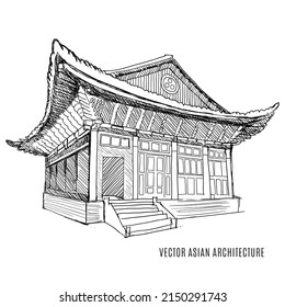 Korean Buddhist palace vector hand drawn sketch illustration. Pen style.