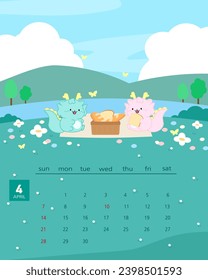 It's the Korean calendar in April 2024, with the character of a dragon enjoying a spring picnic