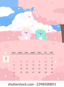 It's the Korean calendar in March 2024, with the character of a dragon looking at cherry blossoms in spring