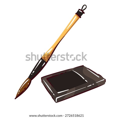 Korean calligraphy brush with ink stone set. Calligraphy tools with wooden handle, dark ink slab, traditional writing instruments, cultural art symbol, isolated cartoon vector illustration.