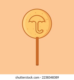 Korean candy delicious sweet Dalgona candy with umbrella. South Korean honeycomb toffee.