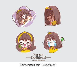 Korean characters of smiling cute girls in traditional korean hanbok dress cartoons. set illustration logo. Premium Vector