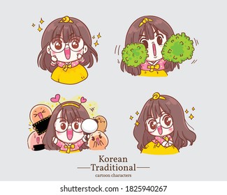 Korean characters of smiling happy cute girls in traditional korean hanbok dress cartoons. set illustration logo. Premium Vector