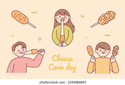 Perros calientes con queso coreano y perritos calientes con papas. La gente está sosteniendo perros de maíz en sus manos y comiendo deliciosamente.